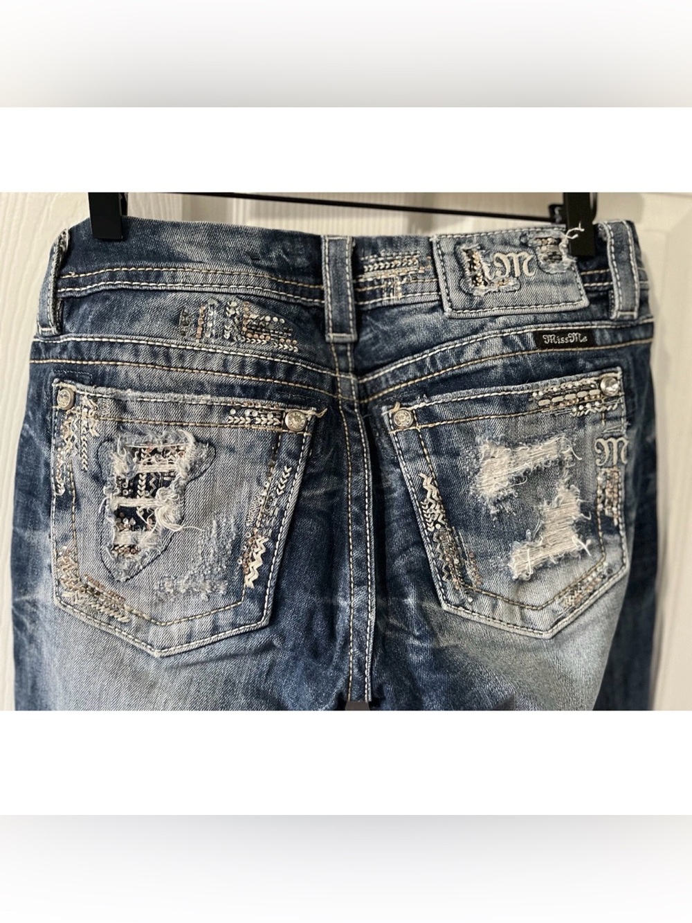 Miss Me Embellished Distressed Blue Denim Straight Jeans 27